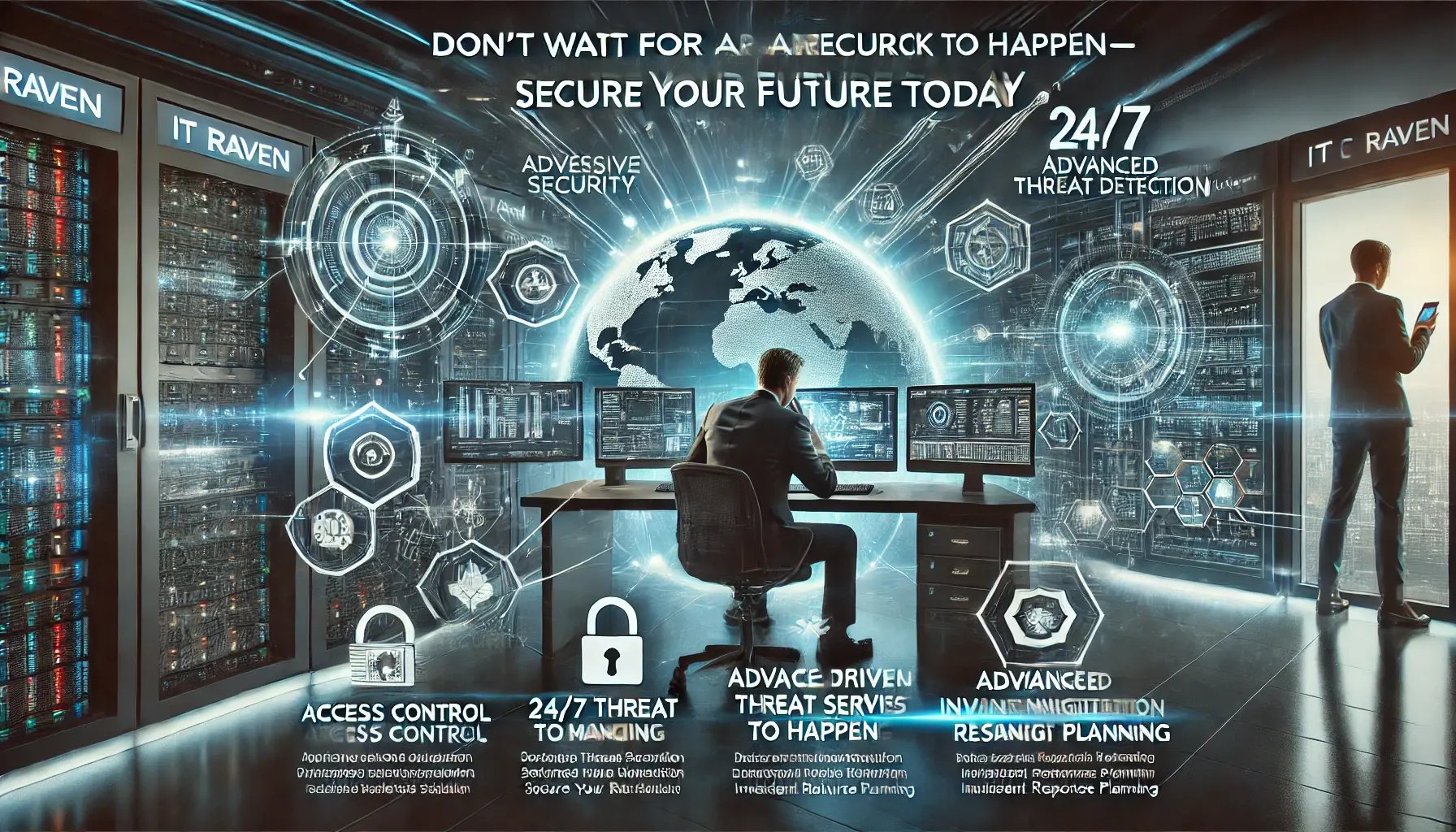 DALL·E 2024-07-20 12.30.25 - A dynamic and professional image focusing on cybersecurity. The image should depict a high-tech, secure environment with elements like digital locks, 