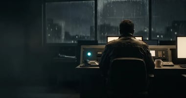 A security analyst seen from behind at a monitoring desk at night, rain on the window