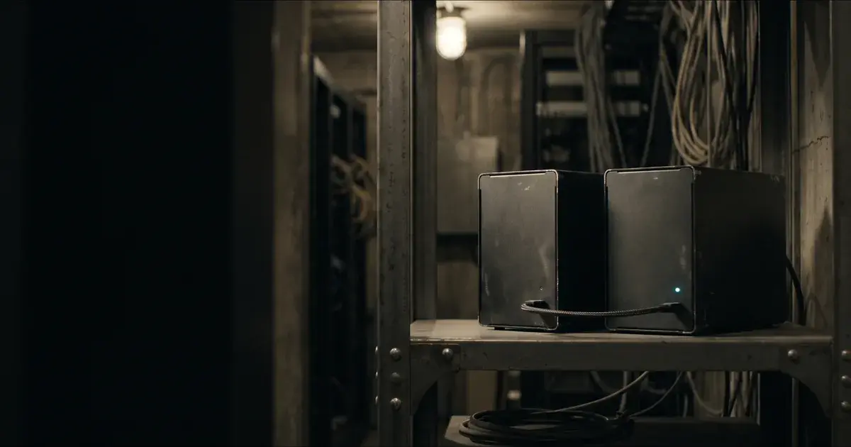 Two plain backup drive enclosures side by side on a steel shelf in a dim server room