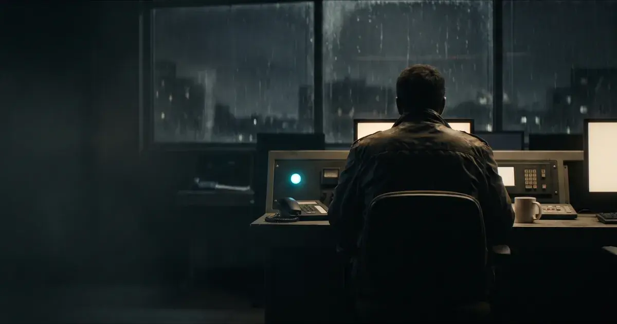 A security analyst seen from behind at a monitoring desk at night, rain on the window