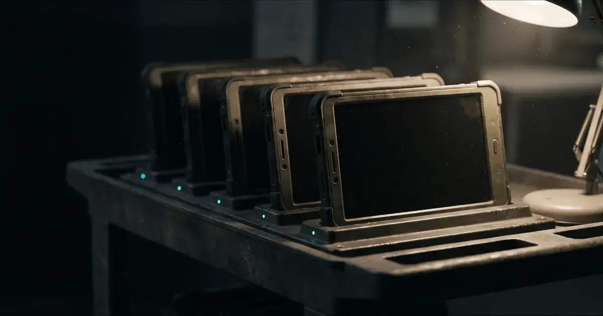 A row of rugged tablets standing in a charging cart, small charge lights glowing