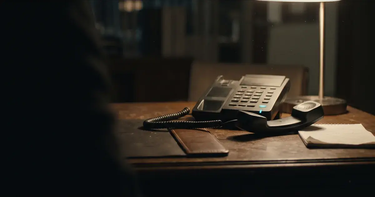 A desk phone with its handset lifted off the cradle on a wooden desk at night